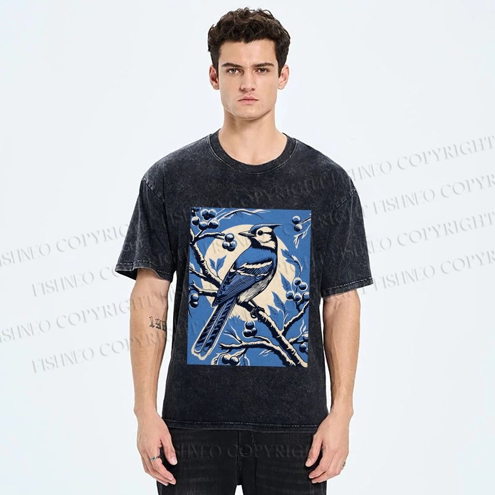 Unisex Blue Bird in Moonlight Printed Washed Tee