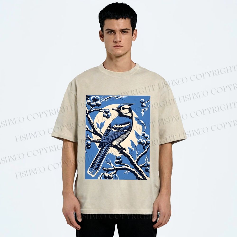 Unisex Blue Bird in Moonlight Printed Washed Tee