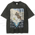 Unisex Japanese Vintage Cat Printed Washed Tee