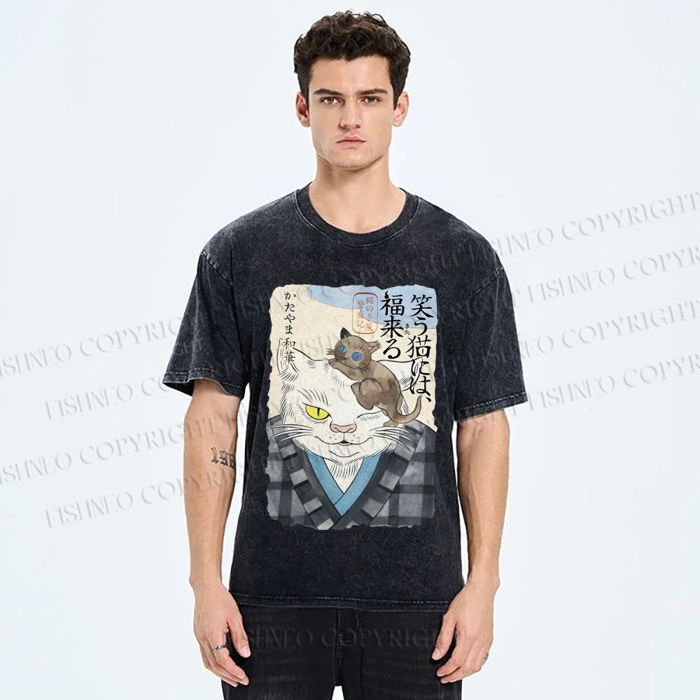 Unisex Japanese Vintage Cat Printed Washed Tee