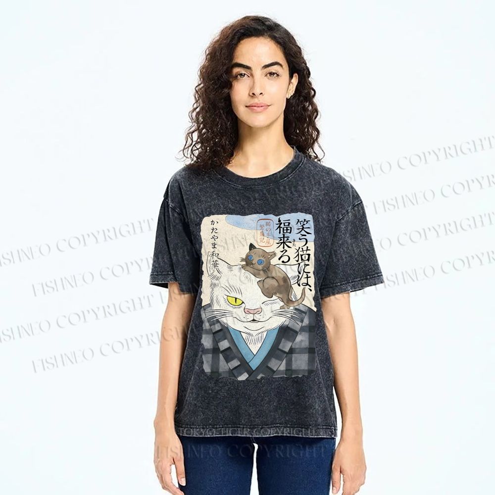 Unisex Japanese Vintage Cat Printed Washed Tee