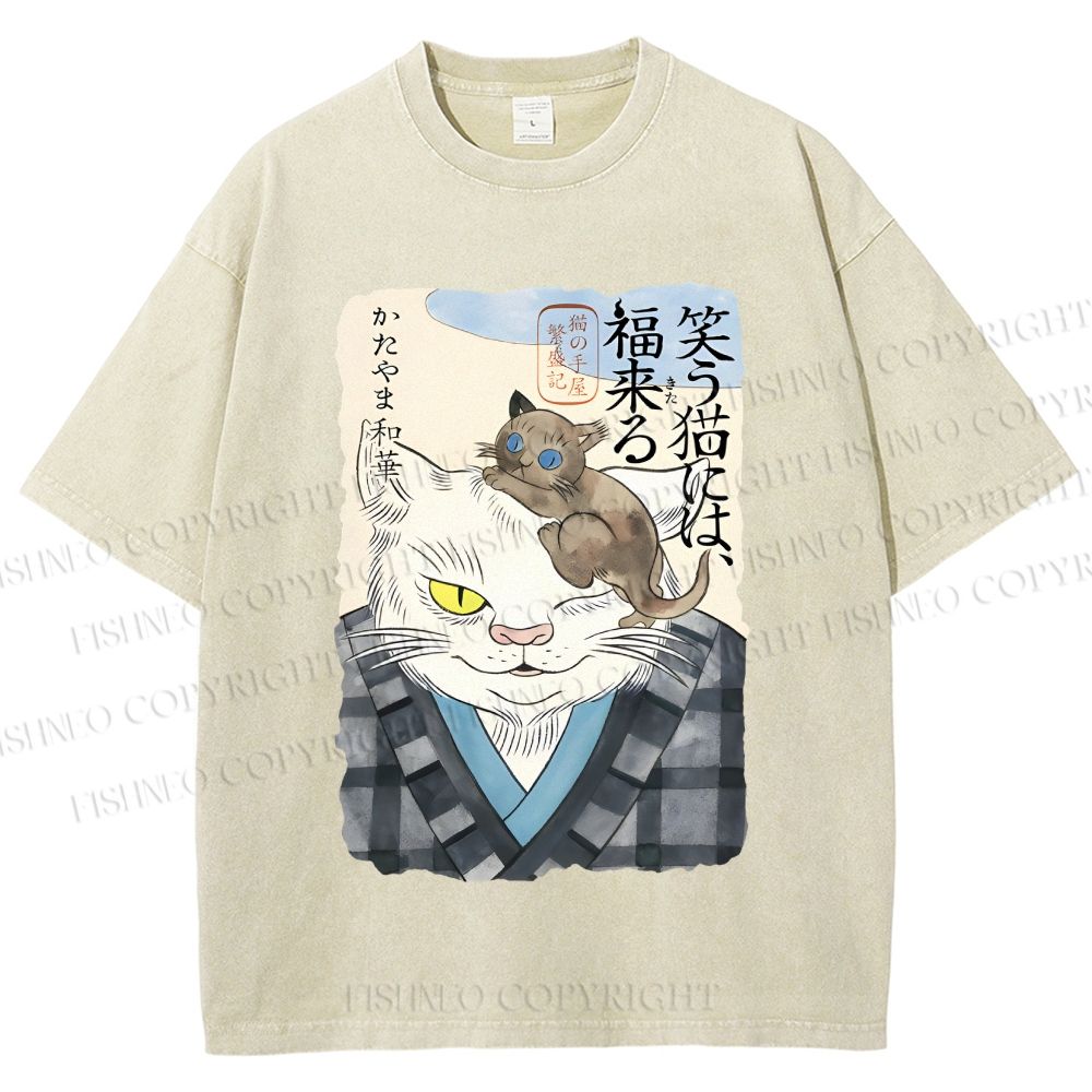 Unisex Japanese Vintage Cat Printed Washed Tee