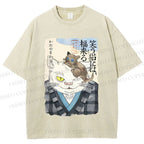 Unisex Japanese Vintage Cat Printed Washed Tee
