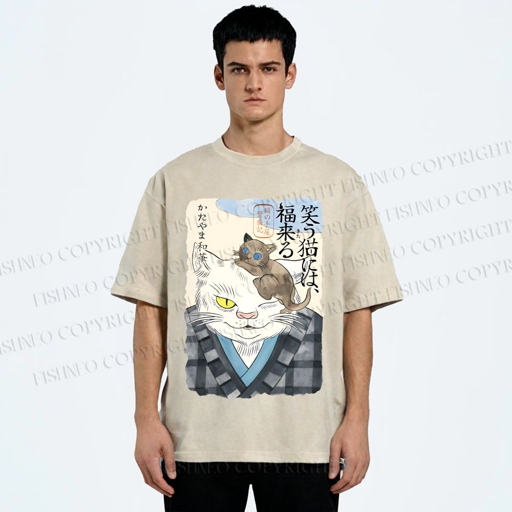 Unisex Japanese Vintage Cat Printed Washed Tee