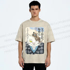 Unisex Japanese Vintage Cat Printed Washed Tee