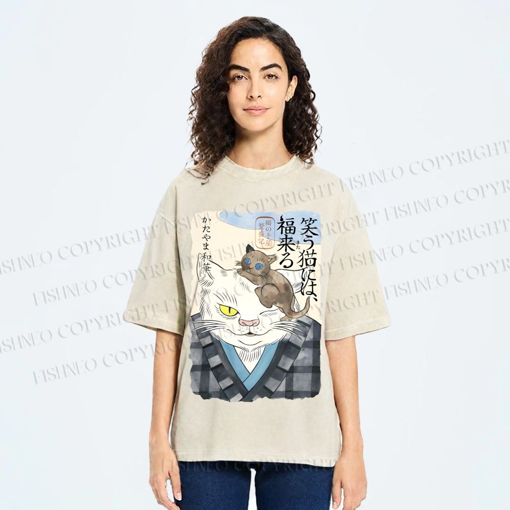 Unisex Japanese Vintage Cat Printed Washed Tee