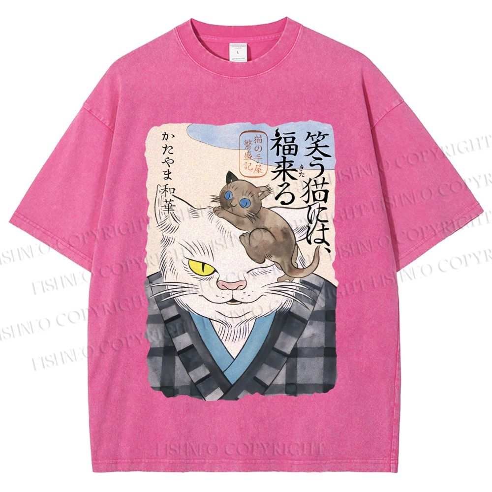 Unisex Japanese Vintage Cat Printed Washed Tee