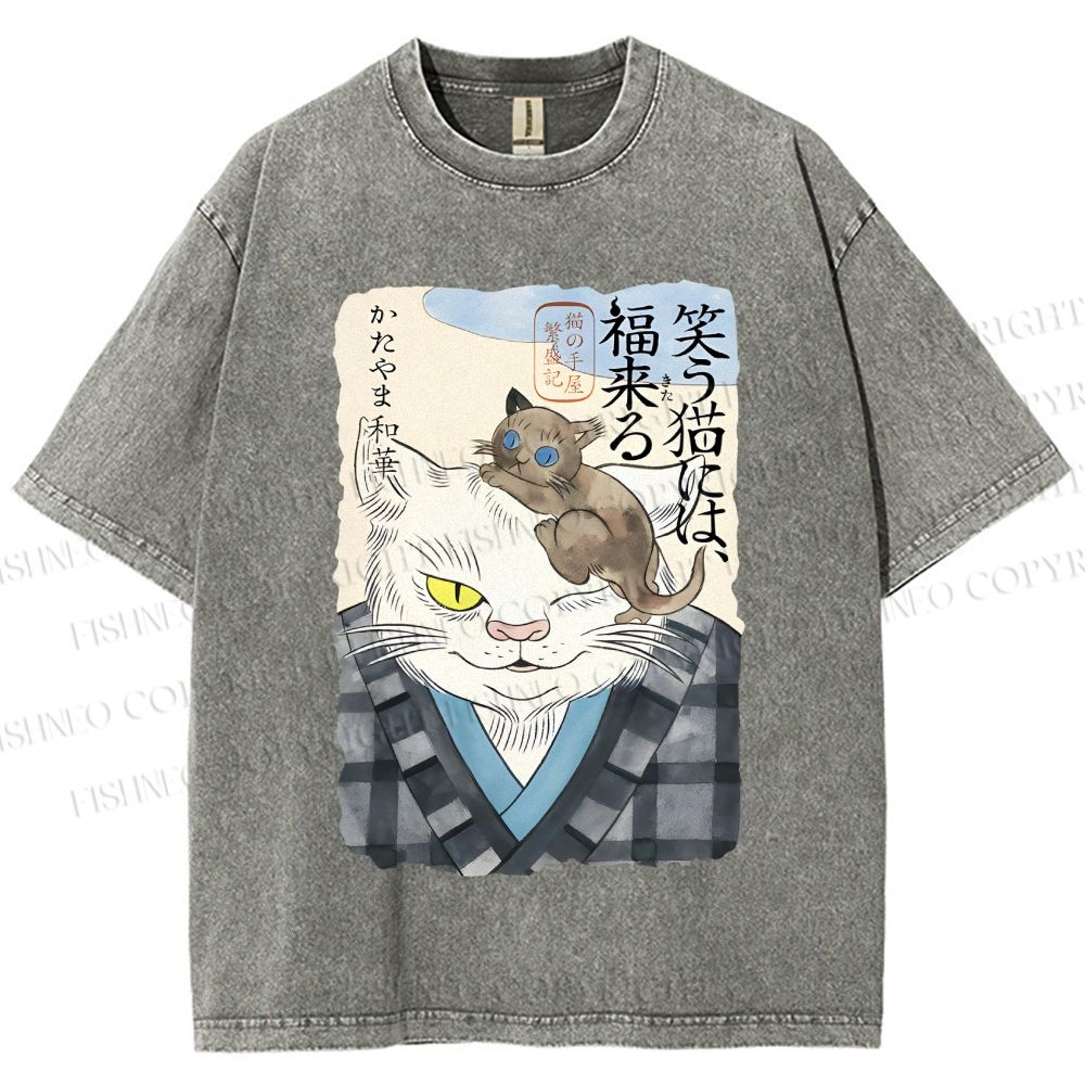 Unisex Japanese Vintage Cat Printed Washed Tee