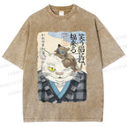 Unisex Japanese Vintage Cat Printed Washed Tee