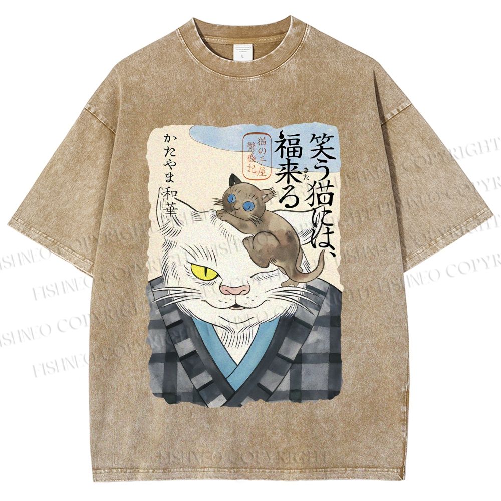 Unisex Japanese Vintage Cat Printed Washed Tee