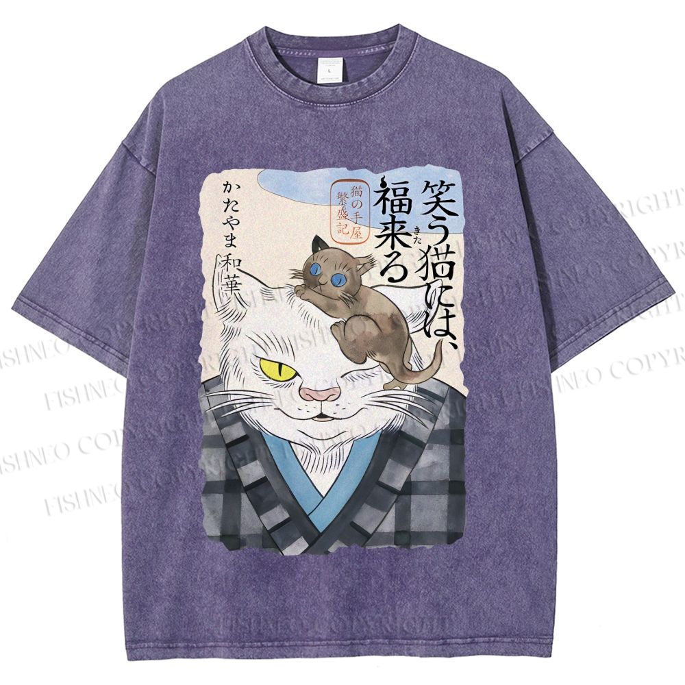 Unisex Japanese Vintage Cat Printed Washed Tee