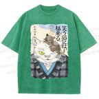 Unisex Japanese Vintage Cat Printed Washed Tee
