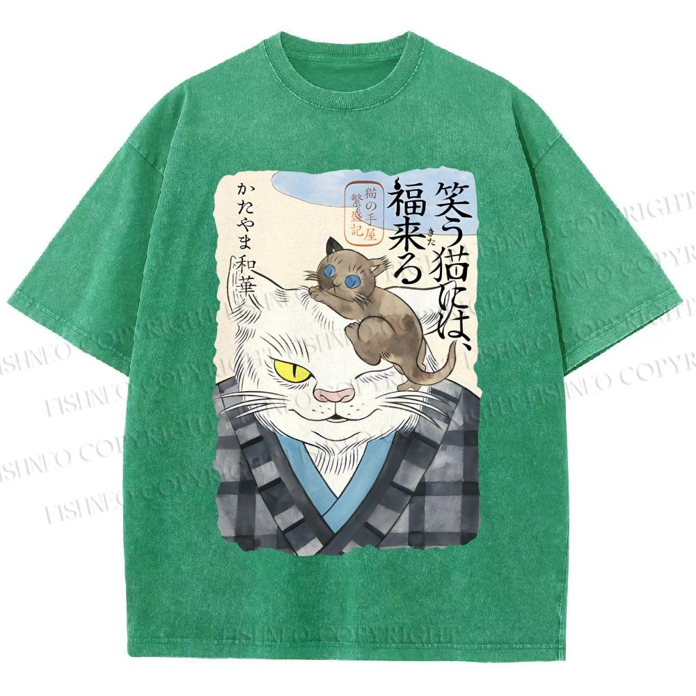 Unisex Japanese Vintage Cat Printed Washed Tee