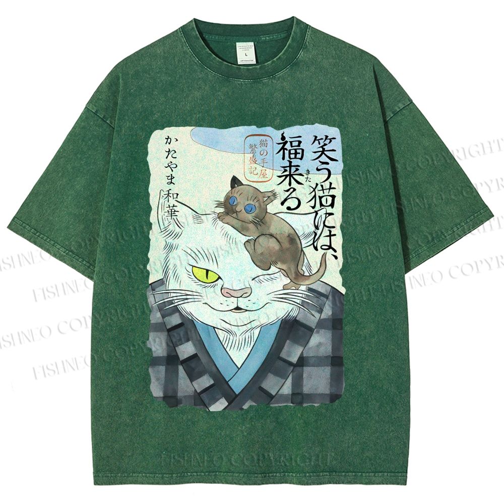 Unisex Japanese Vintage Cat Printed Washed Tee
