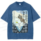 Unisex Japanese Vintage Cat Printed Washed Tee