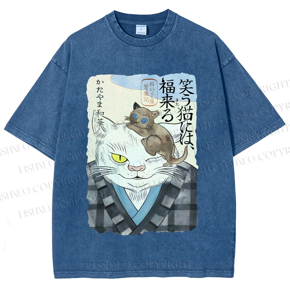 Unisex Japanese Vintage Cat Printed Washed Tee