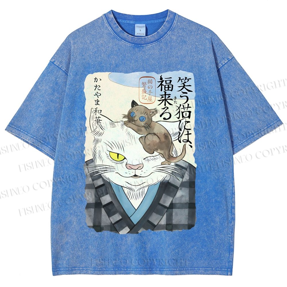 Unisex Japanese Vintage Cat Printed Washed Tee