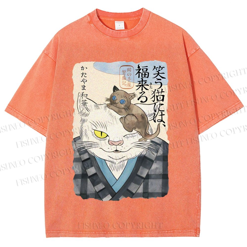 Unisex Japanese Vintage Cat Printed Washed Tee