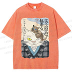 Unisex Japanese Vintage Cat Printed Washed Tee