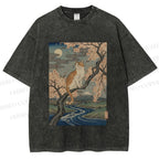 Unisex Cat on Sakura Tree Japanese Printed Washed Tee