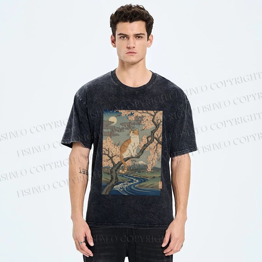 Unisex Cat on Sakura Tree Japanese Printed Washed Tee