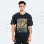 Unisex Cat on Sakura Tree Japanese Printed Washed Tee