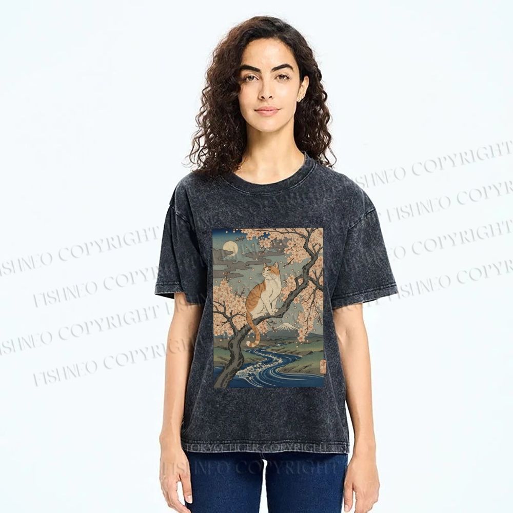 Unisex Cat on Sakura Tree Japanese Printed Washed Tee