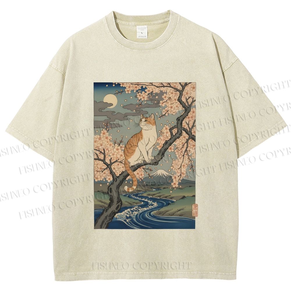 Unisex Cat on Sakura Tree Japanese Printed Washed Tee