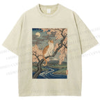 Unisex Cat on Sakura Tree Japanese Printed Washed Tee