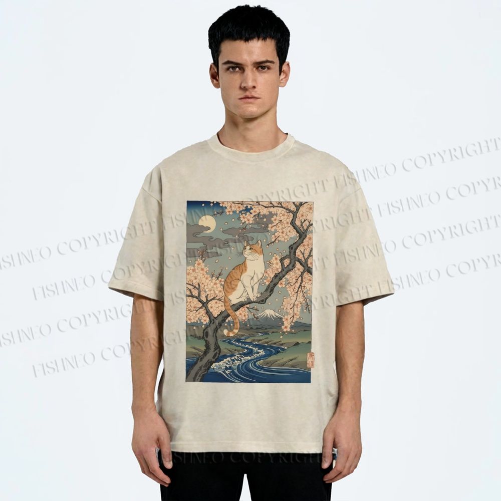 Unisex Cat on Sakura Tree Japanese Printed Washed Tee