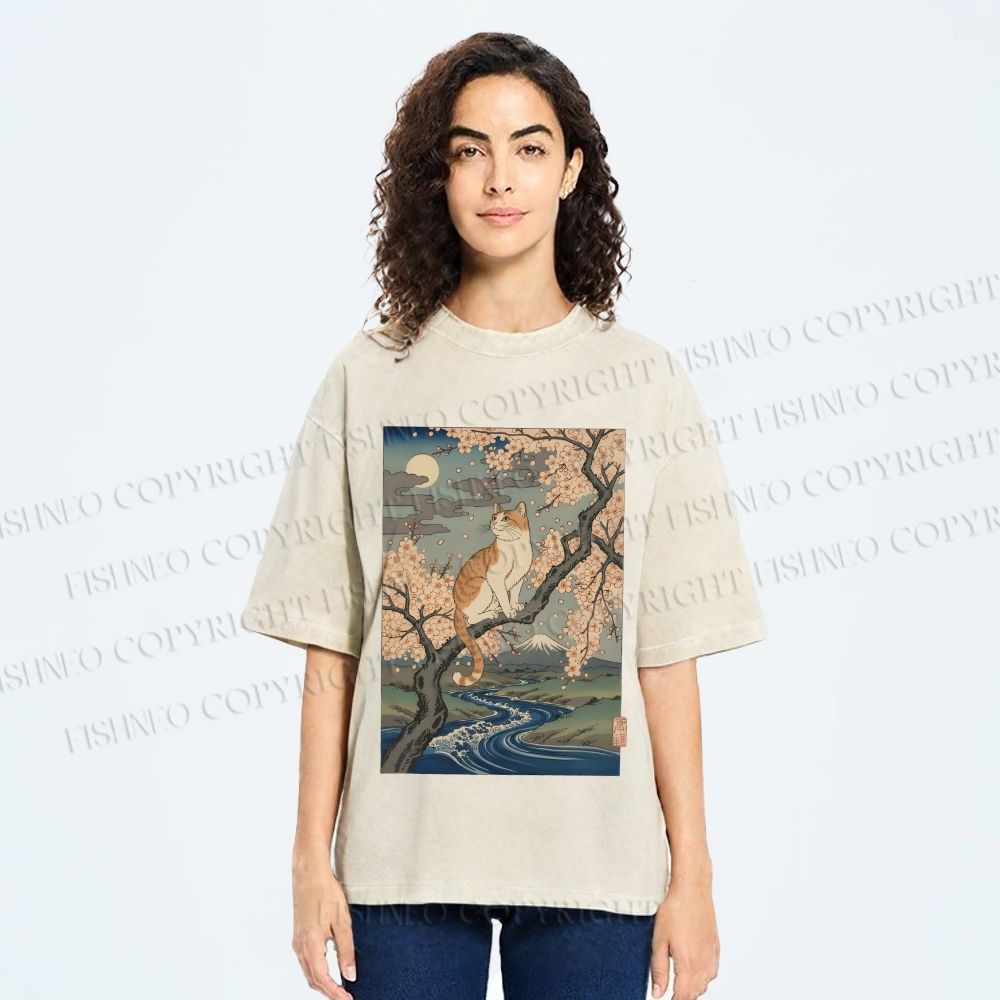 Unisex Cat on Sakura Tree Japanese Printed Washed Tee