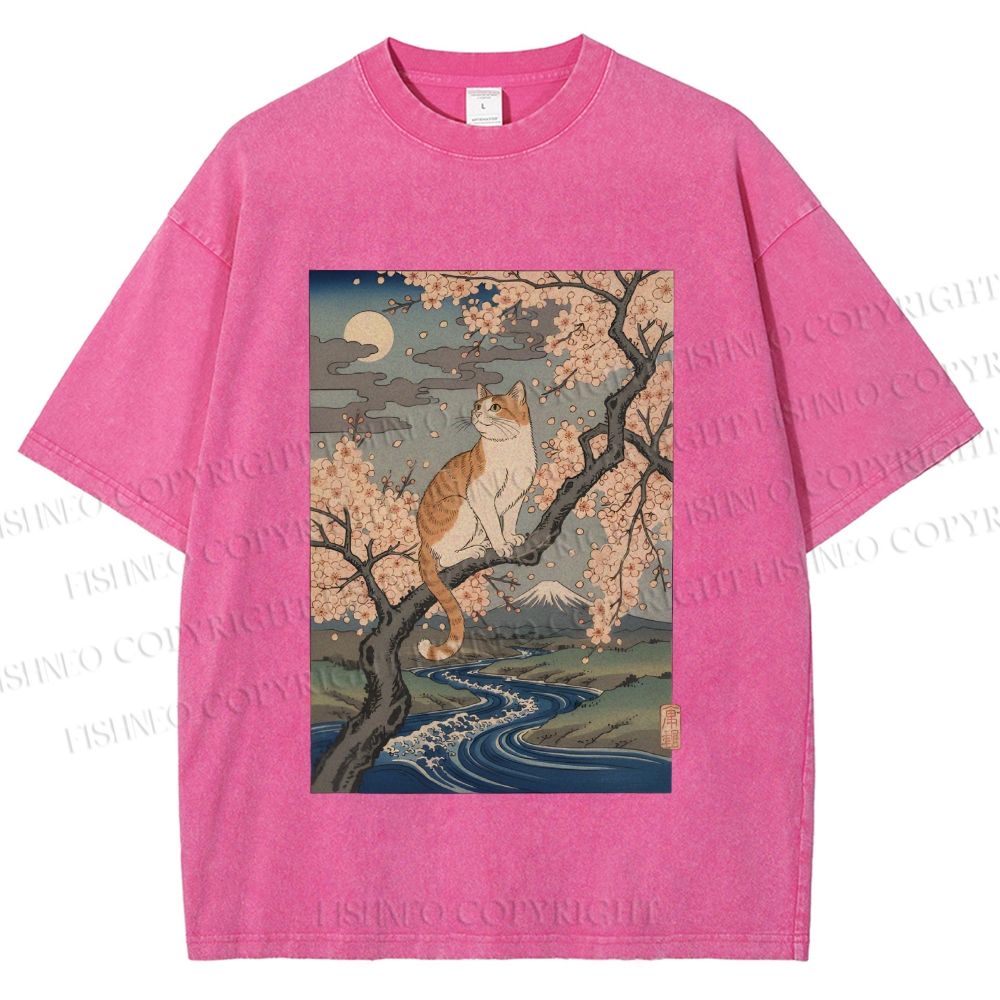 Unisex Cat on Sakura Tree Japanese Printed Washed Tee