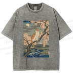 Unisex Cat on Sakura Tree Japanese Printed Washed Tee
