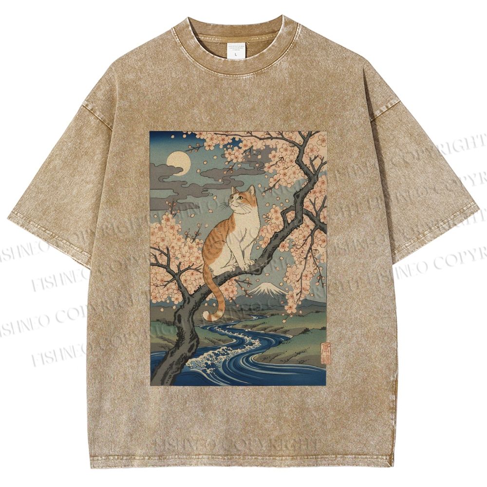 Unisex Cat on Sakura Tree Japanese Printed Washed Tee