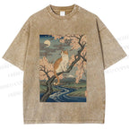 Unisex Cat on Sakura Tree Japanese Printed Washed Tee