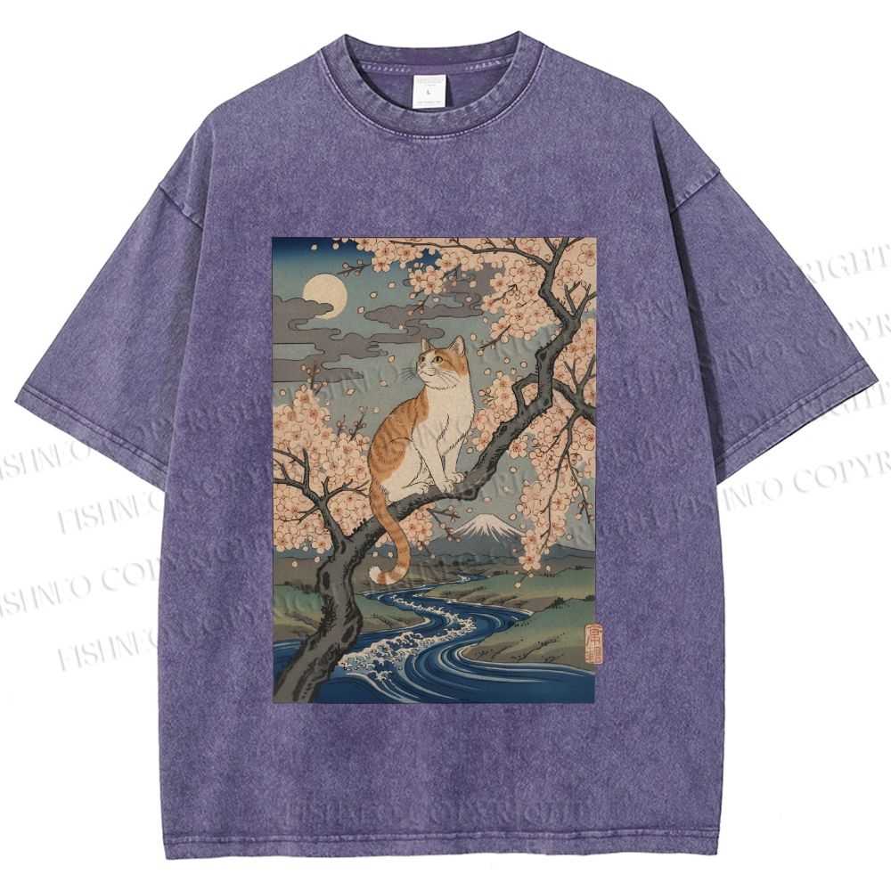 Unisex Cat on Sakura Tree Japanese Printed Washed Tee