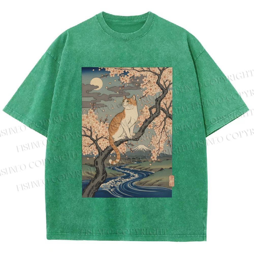 Unisex Cat on Sakura Tree Japanese Printed Washed Tee