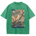 Unisex Cat on Sakura Tree Japanese Printed Washed Tee
