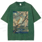 Unisex Cat on Sakura Tree Japanese Printed Washed Tee