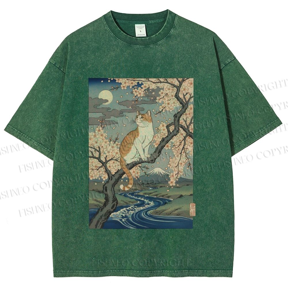 Unisex Cat on Sakura Tree Japanese Printed Washed Tee