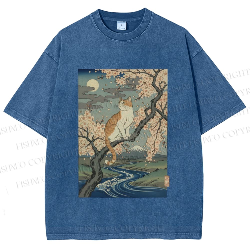 Unisex Cat on Sakura Tree Japanese Printed Washed Tee