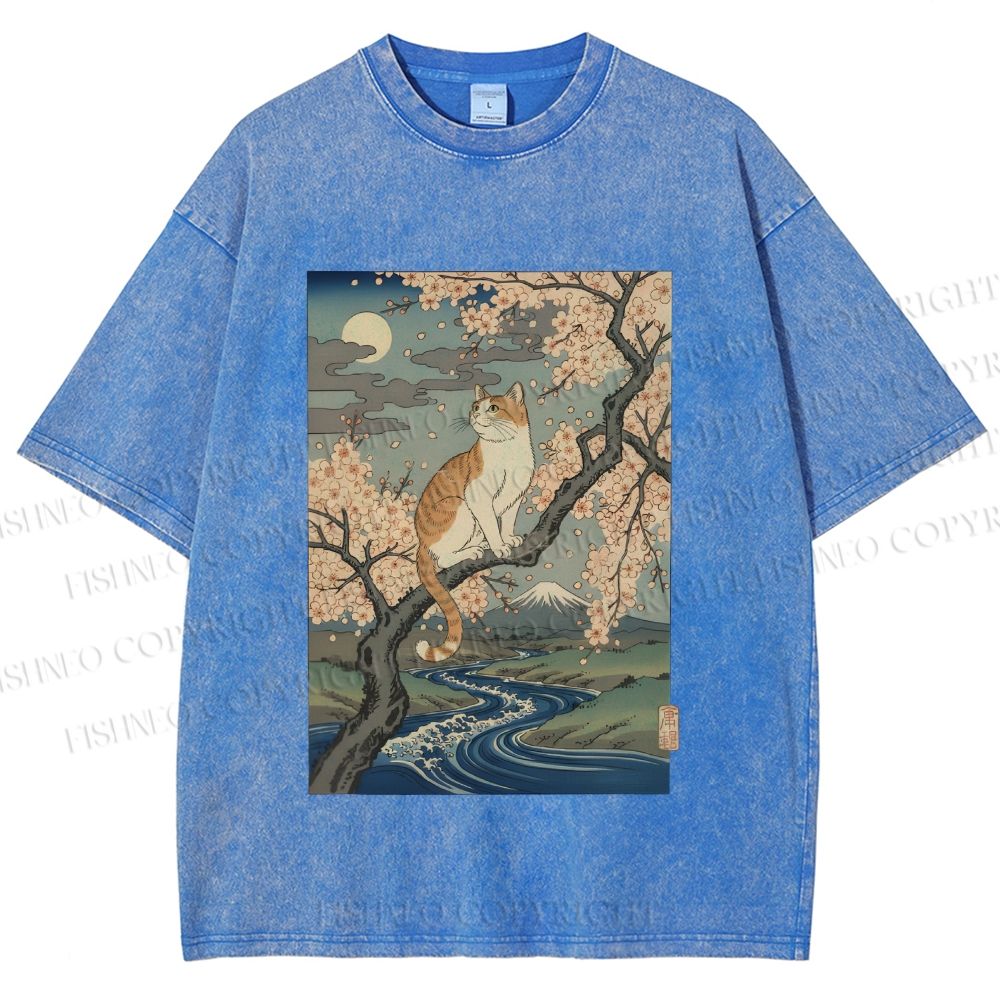 Unisex Cat on Sakura Tree Japanese Printed Washed Tee