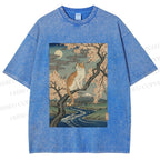 Unisex Cat on Sakura Tree Japanese Printed Washed Tee