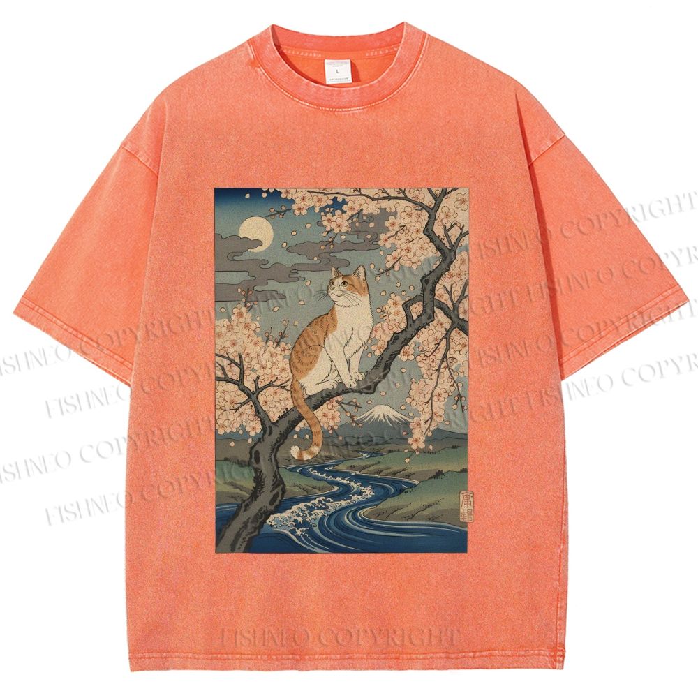 Unisex Cat on Sakura Tree Japanese Printed Washed Tee