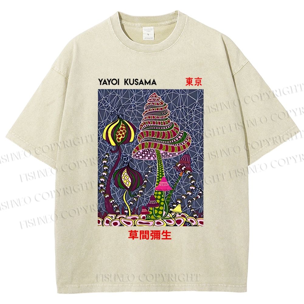Unisex Yayoi Kusama Abstract Mushroom Printed Washed Tee