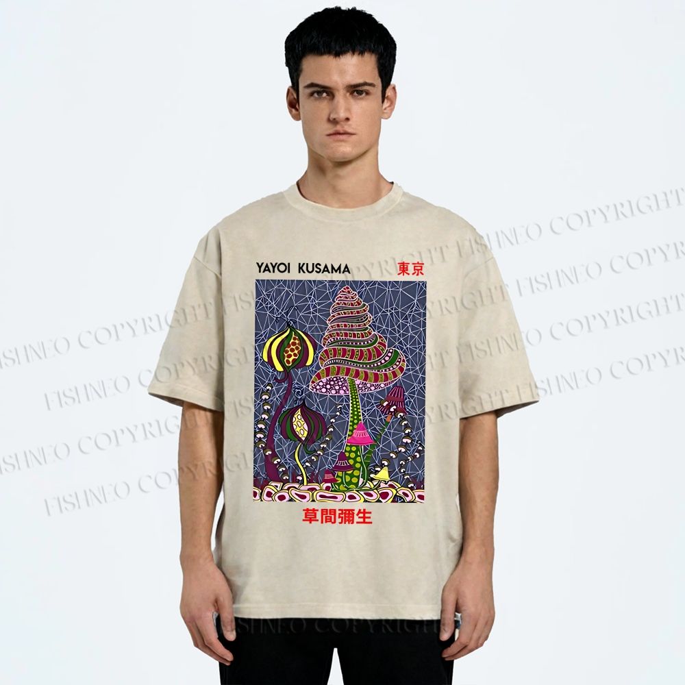 Unisex Yayoi Kusama Abstract Mushroom Printed Washed Tee