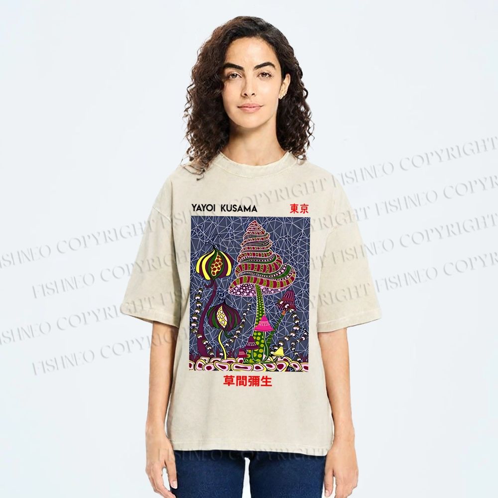 Unisex Yayoi Kusama Abstract Mushroom Printed Washed Tee