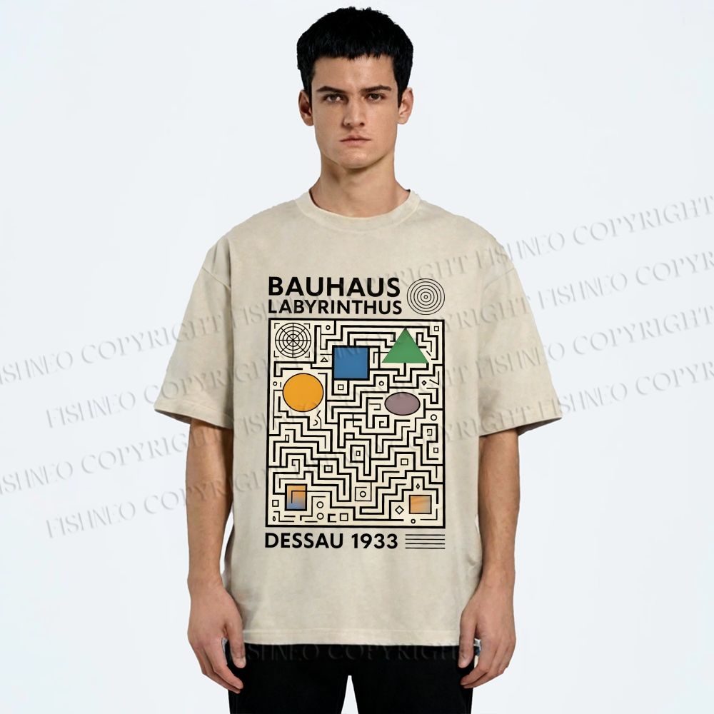 Unisex Bauhaus Geometric Maze Printed Washed Tee