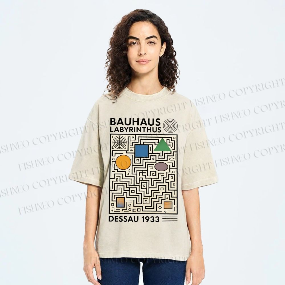 Unisex Bauhaus Geometric Maze Printed Washed Tee