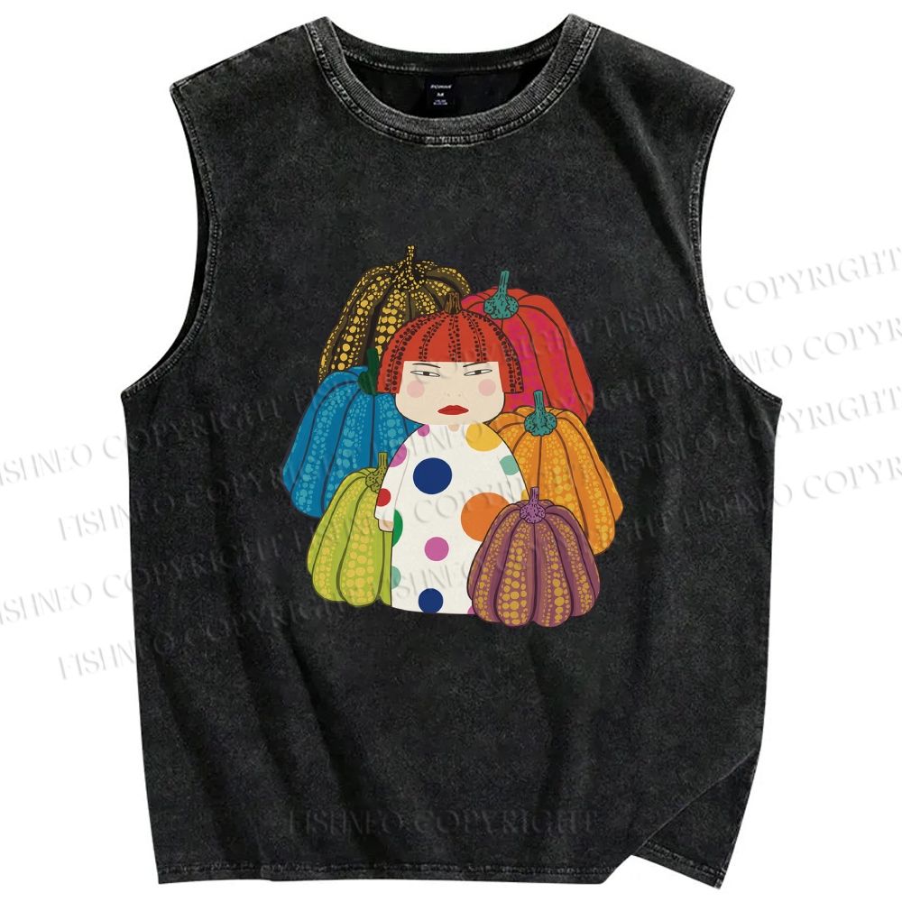 Unisex Yayoi Kusama And Pumpkin Printed Washed Tank Top